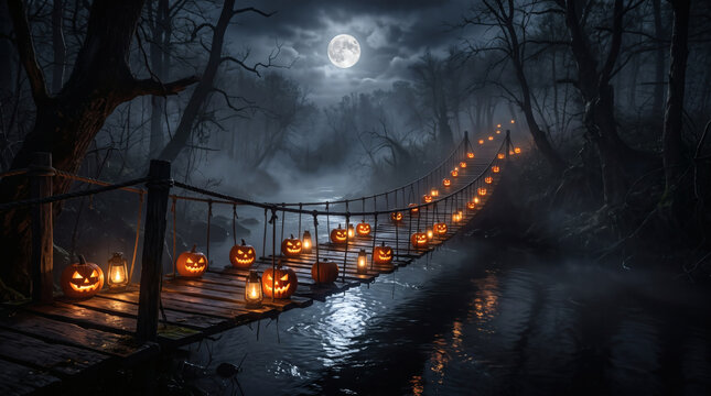 Spooky Halloween suspension bridge decorated with glowing jack o lanterns in a dark misty forest under a full moon night sky with reflections on water
