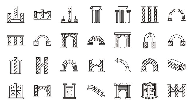 Collection of grayscale architectural arches, columns, and column capitals icons for design reference.