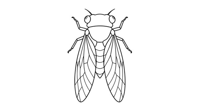 Hand-drawn cicada insect vector icon with transparent wings and intricate wing venation patterns, detailed line art illustration of a broad-headed cicada bug, nature entomology design element