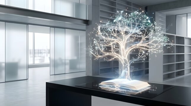 Glowing digital tree hologram projecting from an open book on a desk