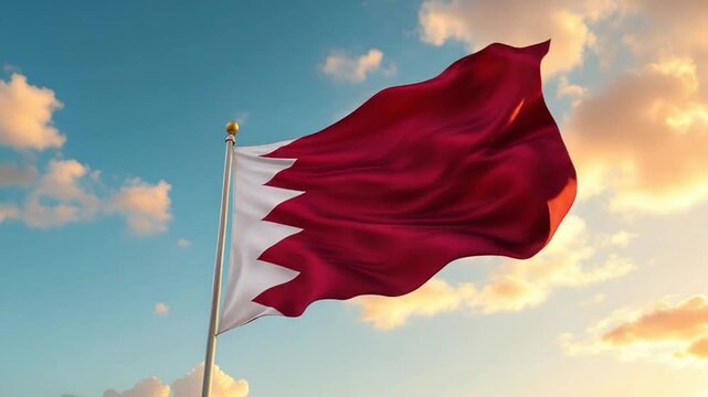 National flag of bahrain waving against a cloudy sunset sky