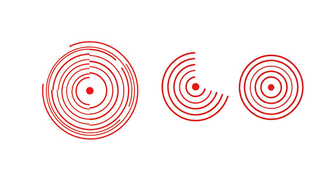 Abstract trio of red concentric ripple circles forming a bold geometric pattern.