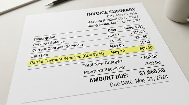 Payment tracking and expense management concept featuring a close-up of a financial bill summary.