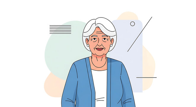 A friendly elderly woman with white hair smiling in a flat illustration style.