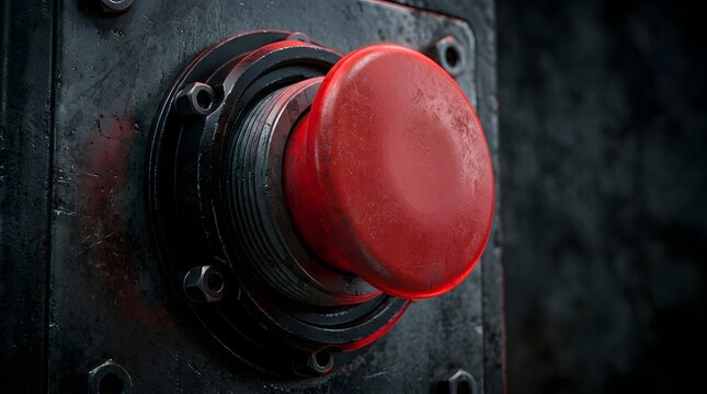 Industrial red push button on a dark metallic panel with heavy wear
