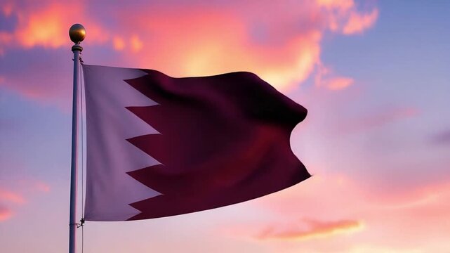 National flag of qatar waving against sunset sky