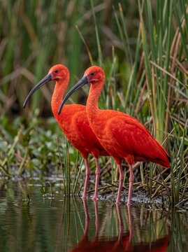 Two vibrant Scarlet Ibises standing in shallow water surrounded by tall green grass in a tropical wetland environment