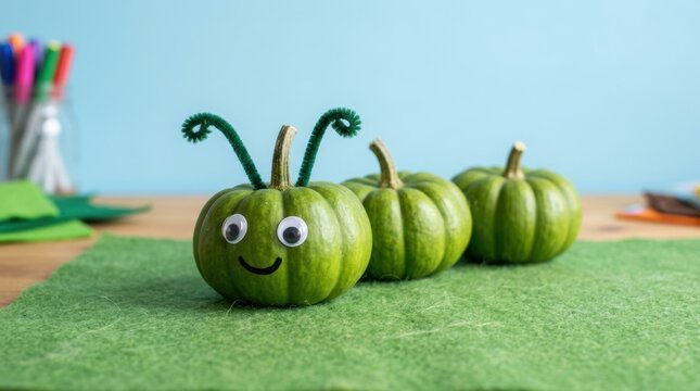 A cute DIY caterpillar craft made from three small green pumpkins sitting on a piece of felt fabric on a wooden table surface