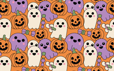 Fototapeta premium Cute halloween seamless pattern with pumpkins and smiling ghosts on orange