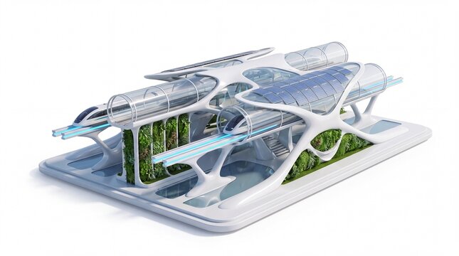 Futuristic high speed maglev train station with sustainable green design