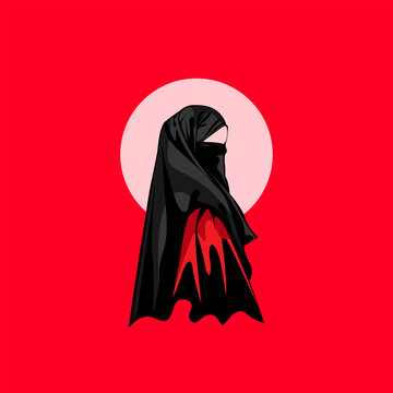 Vector illustration of a Muslim woman wearing a niqab against a red background.