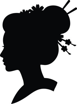 Black silhouette profile of a traditional Japanese geisha woman with elegant floral hairstyle vector illustration