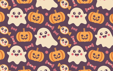 Obraz premium Cute kawaii halloween pattern with ghosts pumpkins and candies on purple