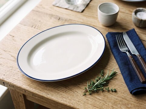 Empty oval white plate with a blue rim on a rustic wooden table. Includes a blue napkin, cutlery, and fresh herbs.