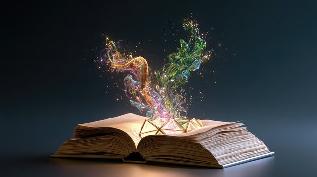 Enchanting Book with Colorful Swirls and Magic Sparks Emanating from Open Pages