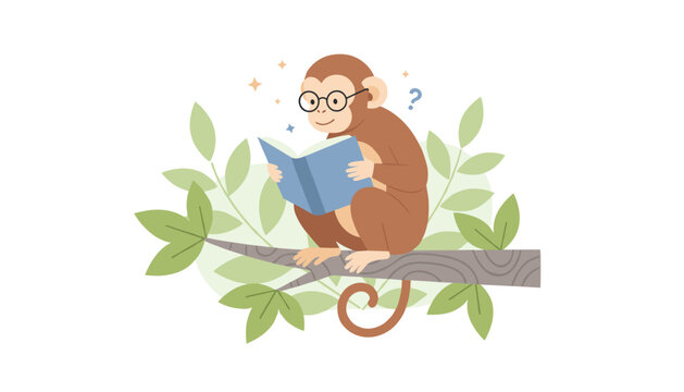 Smart little monkey with glasses reading a blue book while perched on a tree branch with green leaves, cartoon style.