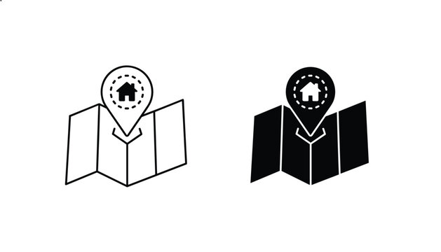 Two map pin icons with a house symbol placed on a folded map, real estate and home location finder concept.
