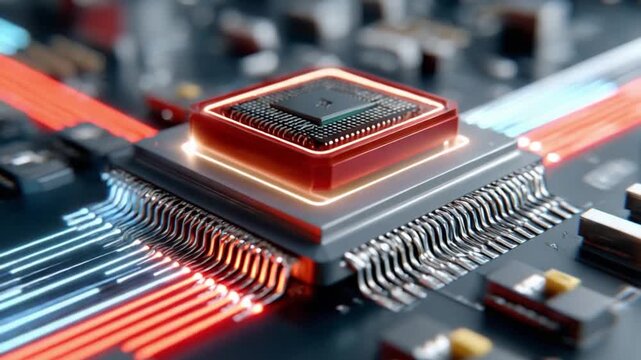 Circuit Board Processor: A high-tech computer processor sits at the center of a complex circuit board, with glowing orange and blue lines indicating data flow and connectivity.