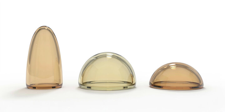 Three translucent amber glass domes and conical shapes on a white background