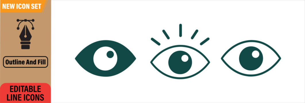 Eye vision icon set showing minimalist outline and filled graphic styles for digital monitoring security user interface.
