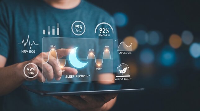 Digital health interface displays personalized sleep recovery metrics including heart rate variability and blood oxygen levels on a sleek tablet screen with high quality glowing graphics.