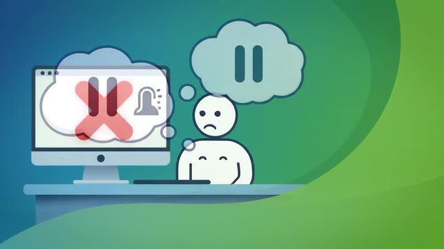 frustrated cartoon stick figure working at desk in an office setting feels intense burnout and stress while pause icon floats in thought bubble above the computer screen in the background
