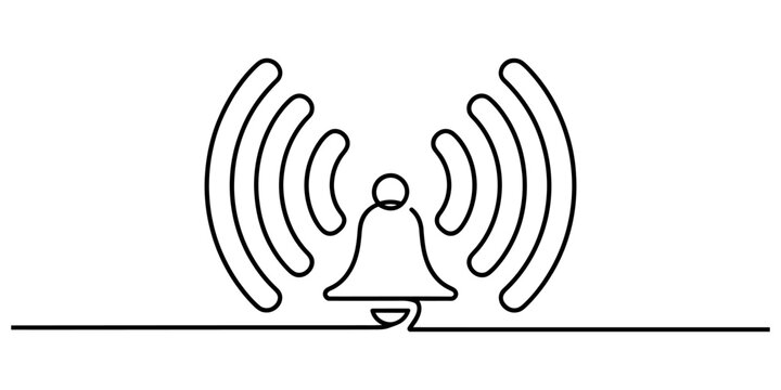 Ringing bell icon with sound waves in continuous line drawing style for notification alerts and mobile application icons.