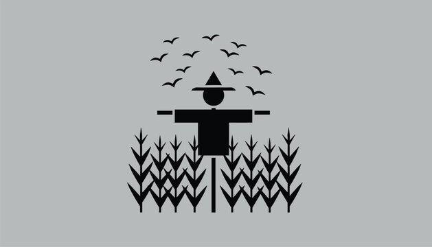 Black scarecrow silhouette standing in a cornfield under a flock of flying birds, set against a solid gray background.