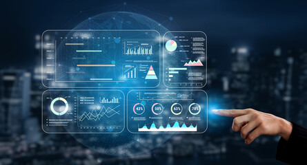 Obraz premium A project management dashboard with business performance analytics. A visualization of project timelines, KPIs, and company data for strategic review. Motif