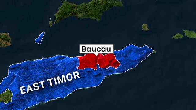 Animated map footage highlighting the Baucau district within the East Timor borders