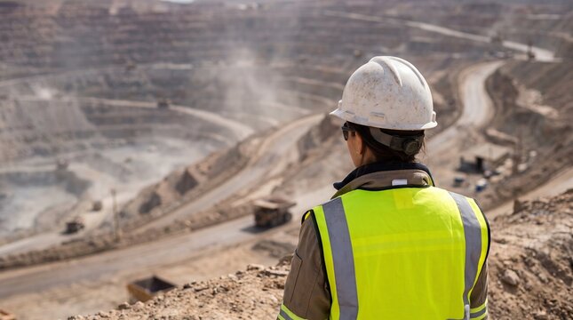 Female mining engineer wearing a white safety hard hat and bright neon yellow high visibility vest observing industrial excavation operations during a sunny afternoon day shift.