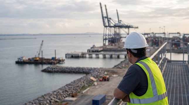Focused industrial engineer wearing protective white helmet and vibrant neon yellow safety vest stands observing ongoing cargo operations at a vast busy international shipping harbor terminal