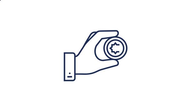 Minimalist outline icon of a hand holding a coin with an islamic geometric star pattern representing finance or charity.