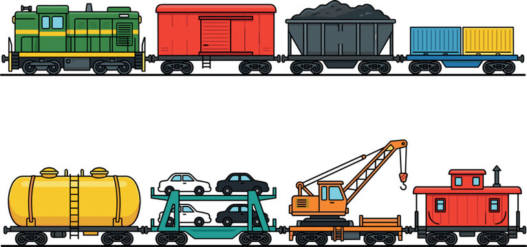 Industrial Freight Train and Cargo Railway Vector Set Featuring Locomotive Tanker Car Carrier Crane Wagon Coal Hopper and Shipping Container Transports