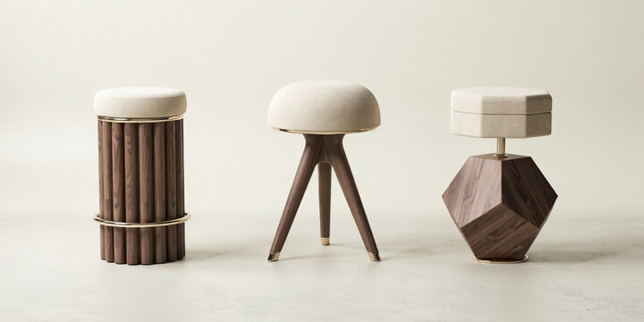 Three unique stools with velvet upholstered seats and wooden bases in different geometric