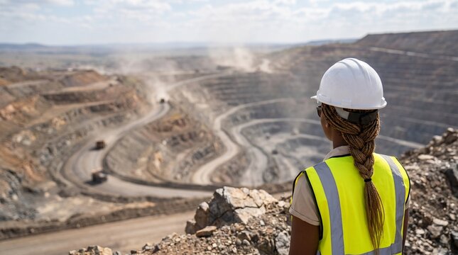 Professional female mining engineer wearing a bright white safety helmet and reflective yellow vest stands on rocky terrain observing operations at a vast open pit
