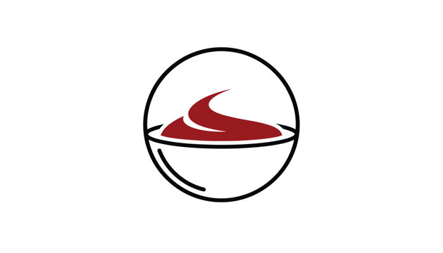Simple circular outline logo displaying a ceramic bowl filled with tasty red sauce isolated on white background.
