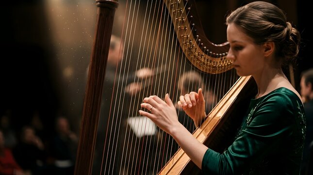 Elegant woman playing wooden harp on stage during classical concert performance
