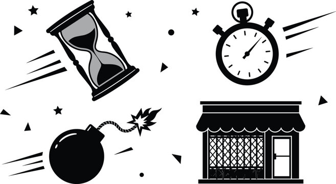 Time Pressure and Urgency Icon Set Featuring Hourglass, Stopwatch, Explosive Deadline, Retail Store, Speed, Countdown, and Warning Symbols