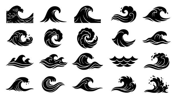 Japanese inspired sea wave silhouette vector collection with curling ocean and water splash shapes