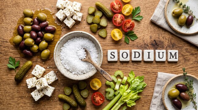 High sodium ingredients with salt olives pickles and feta cheese