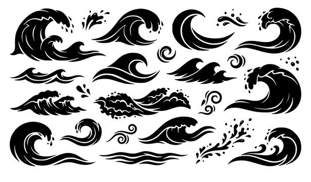 Dynamic ocean wave silhouette vector set with surfing breakers curls ripples and sea spray