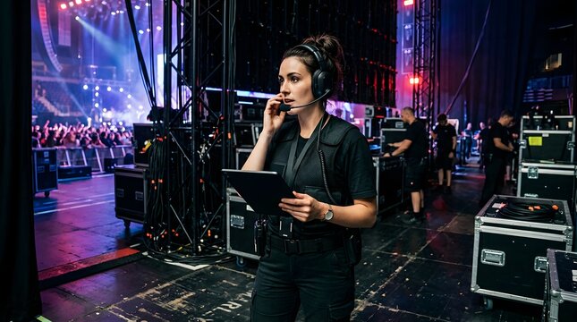 Female event coordinator holding tablet and wearing headset backstage
