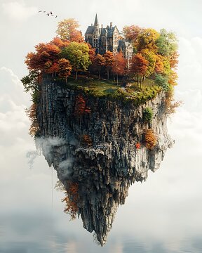 Floating Island Castle: A majestic castle sits atop a surreal floating island, adorned with vibrant autumn foliage, suspended mystically in the clouds above a tranquil body of water.