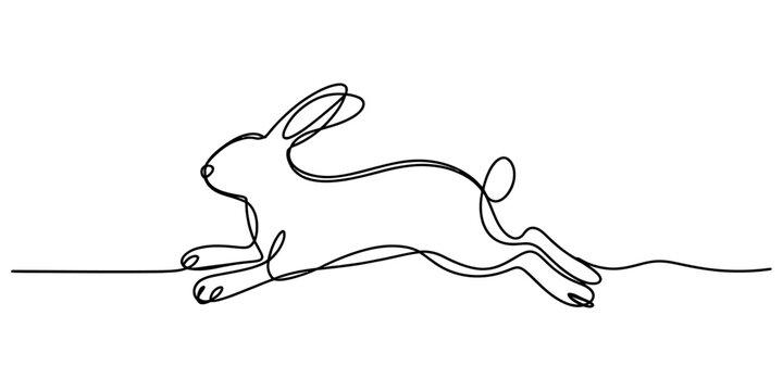 Continuous line drawing of a running rabbit, symbolizing speed, agility, and wild animal movement.