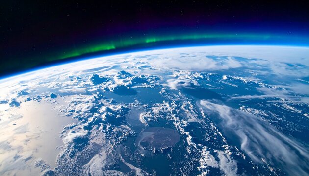 Earth planet view from space with aurora borealis over the horizon