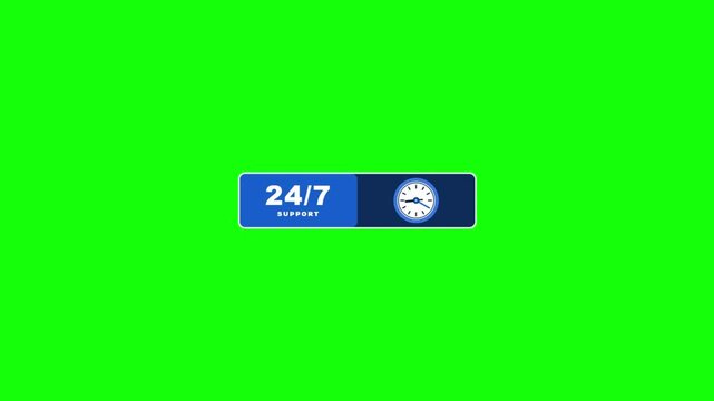 4K Animation 24/7 support icon with a moving clock face, shown in a digital motion video.