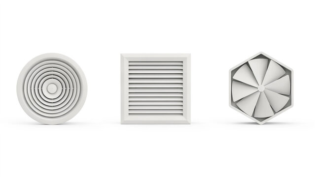 Three white ventilation grilles and air diffusers for hvac systems on a plain white background