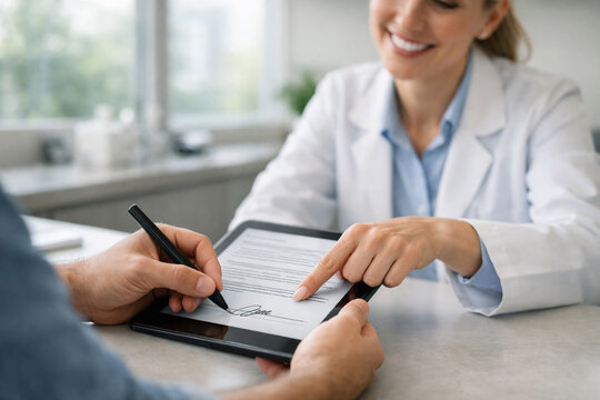Patient signs digital consent form on tablet during medical consultation, highlighting informed consent, healthcare documentation, patient rights and modern clinical workflow.