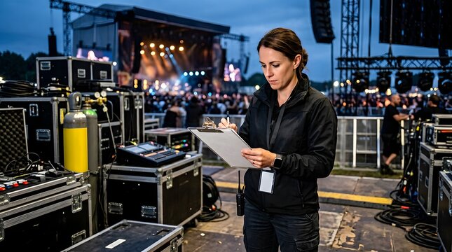 Female stage manager writing on clipboard at outdoor music festival venue